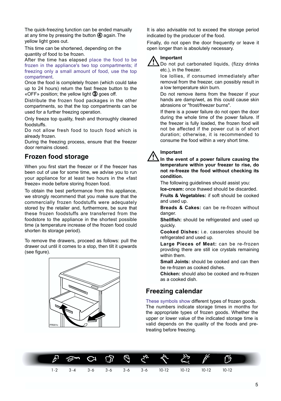 Frozen food storage, Freezing calendar | Tricity Bendix TBUF 100 User Manual | Page 5 / 20