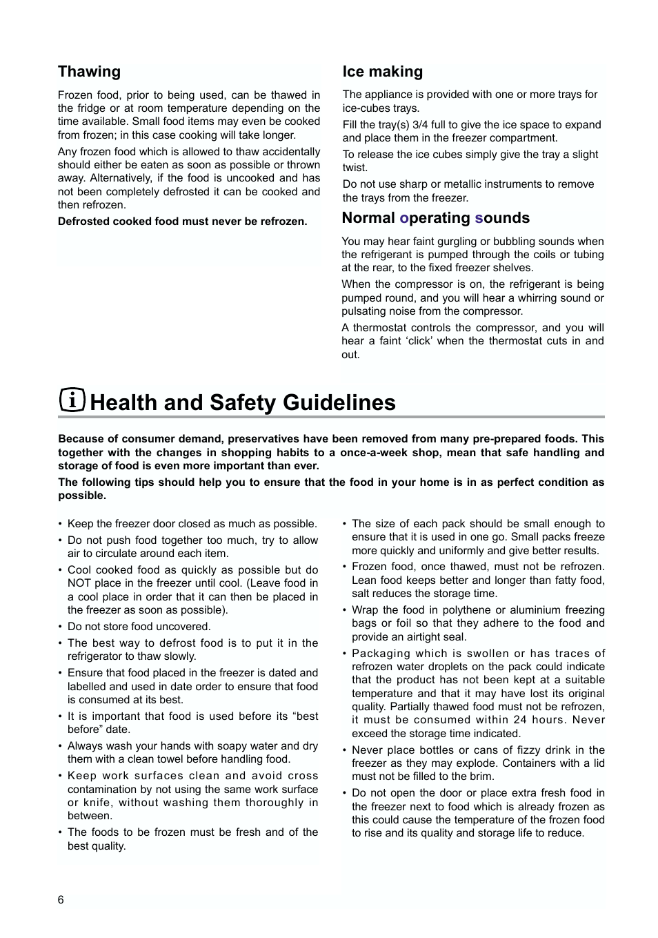 Health and safety guidelines, Ice making, Thawing | Normal o perating s ounds | Tricity Bendix TBUF 100 User Manual | Page 6 / 20