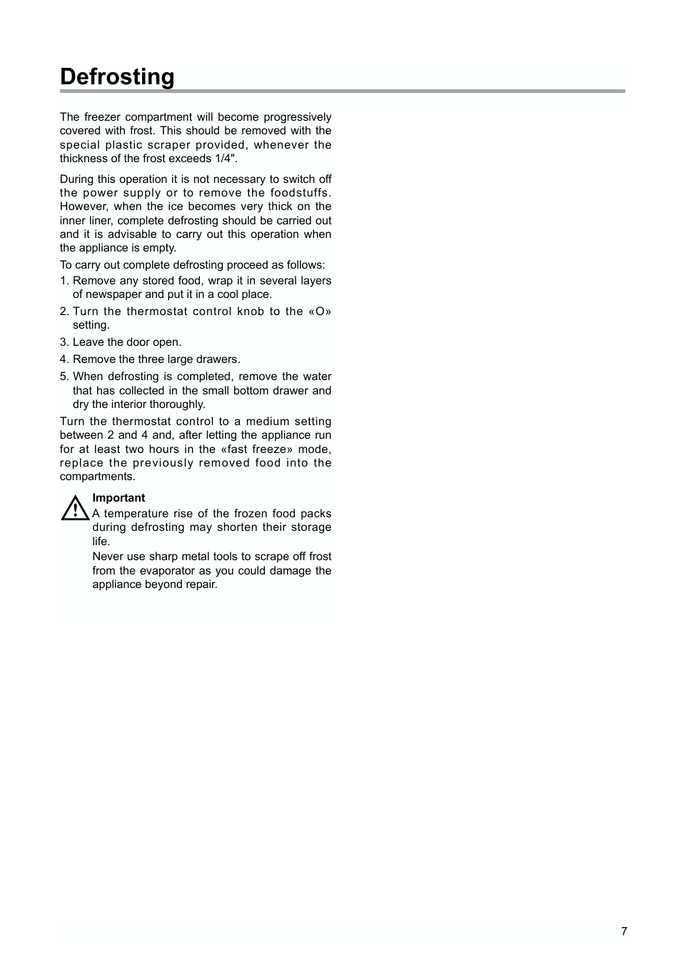 Defrosting | Tricity Bendix TBUF 100 User Manual | Page 7 / 20