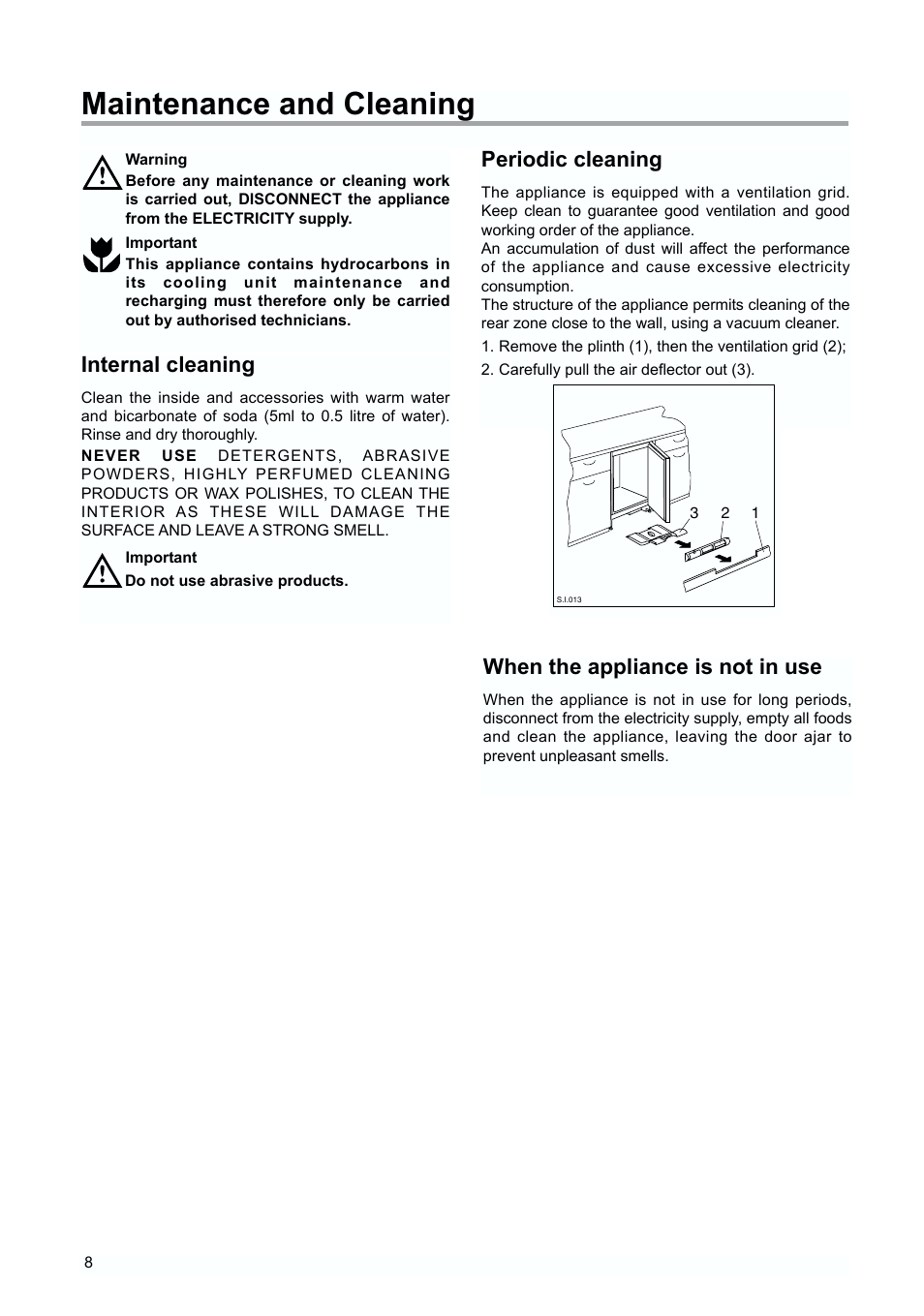 Maintenance and cleaning, When the appliance is not in use, Internal cleaning | Periodic cleaning | Tricity Bendix TBUF 100 User Manual | Page 8 / 20