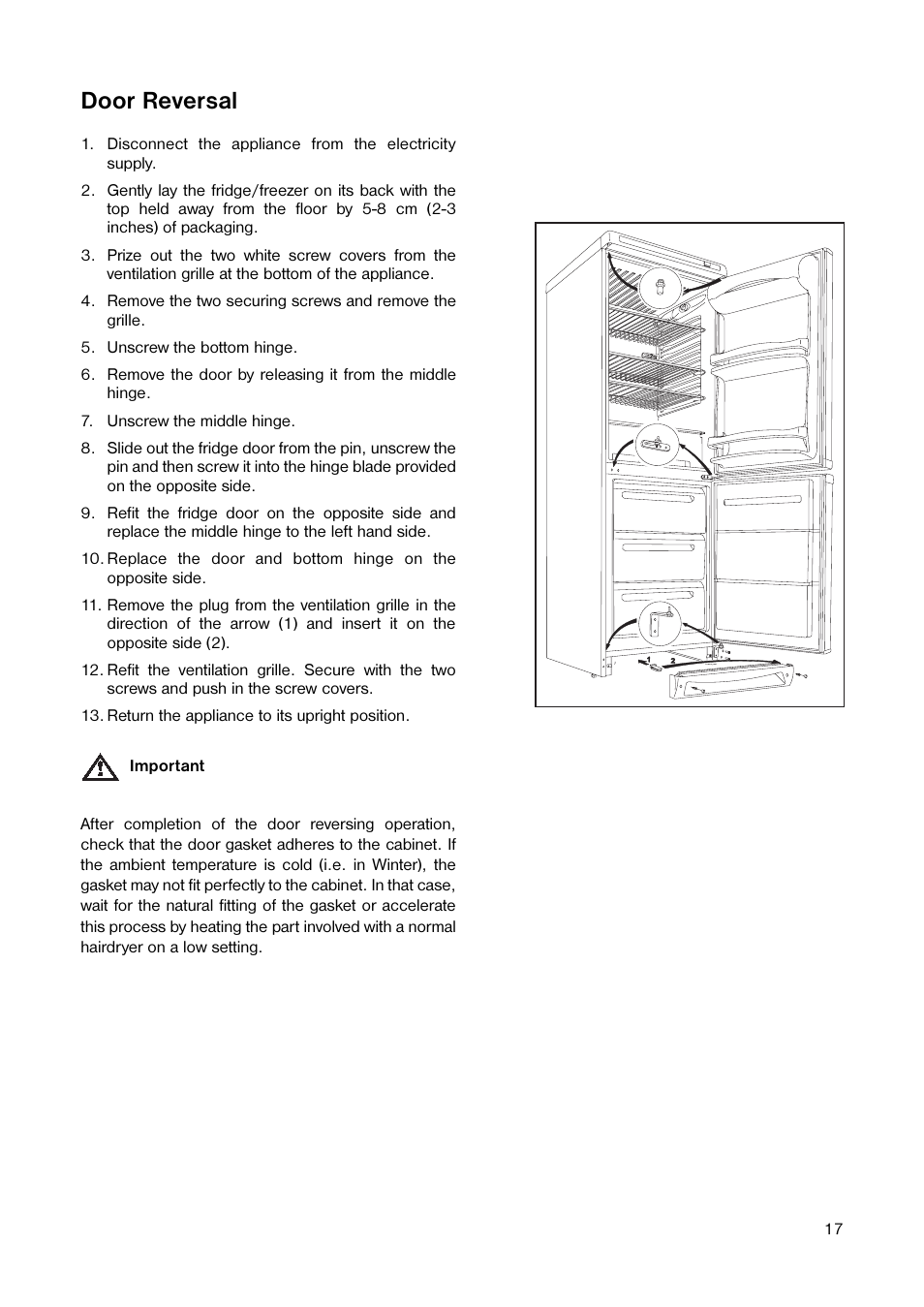 Door reversal | Tricity Bendix TB 118 FF User Manual | Page 17 / 20