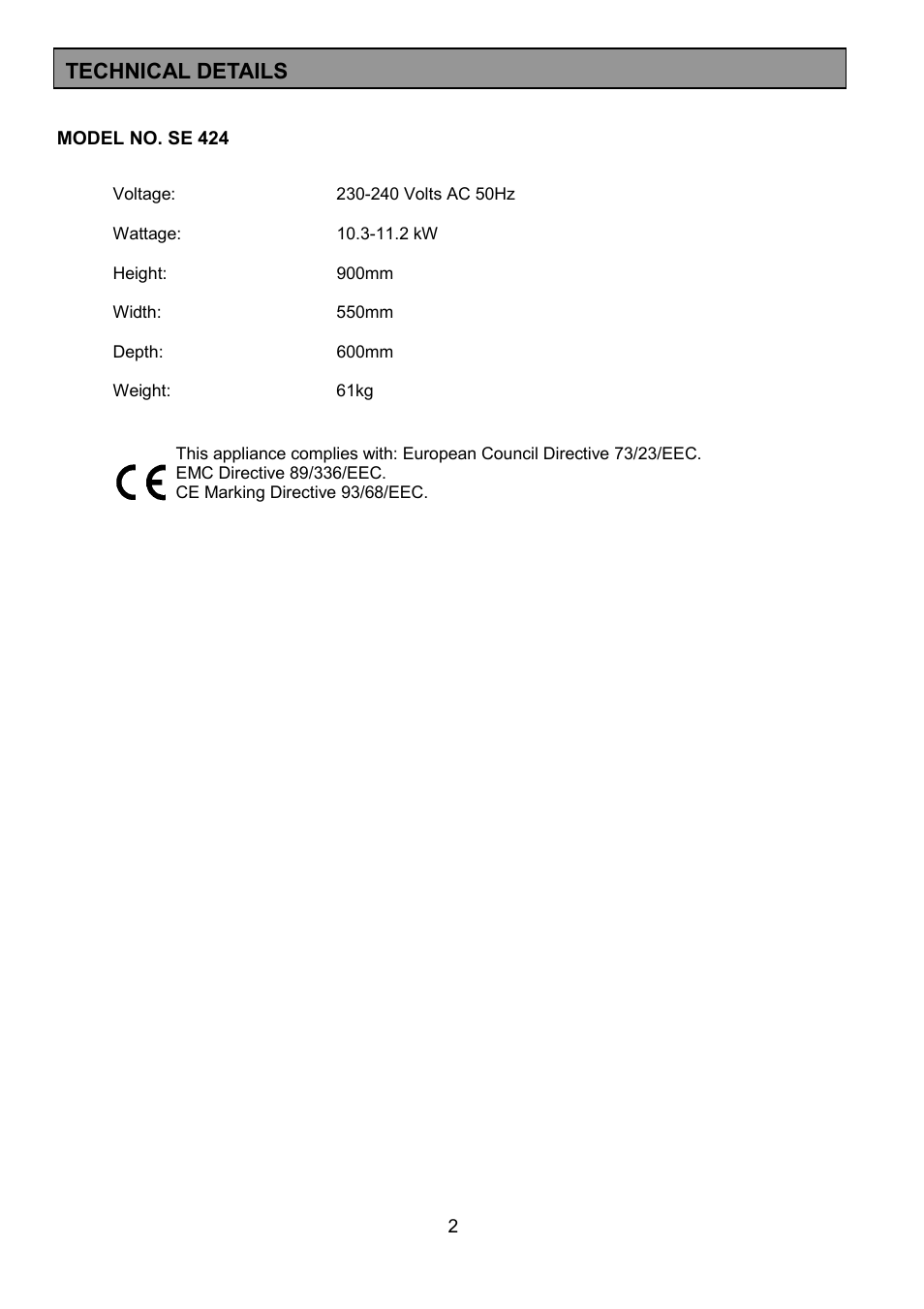 Technical details | Tricity Bendix SE424 User Manual | Page 2 / 32