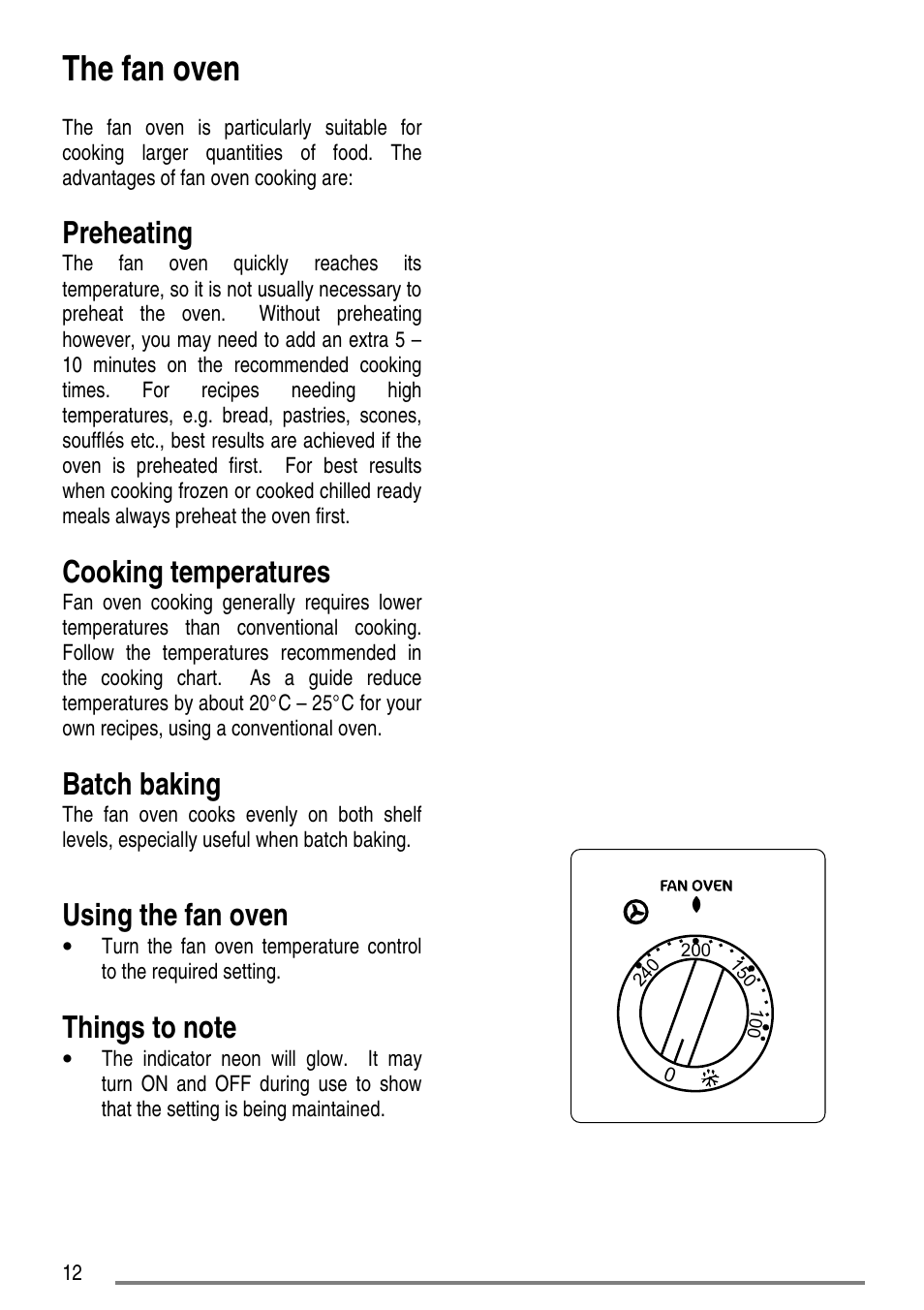 The fan oven, Preheating, Cooking temperatures | Batch baking, Using the fan oven | Tricity Bendix SE310 User Manual | Page 12 / 28