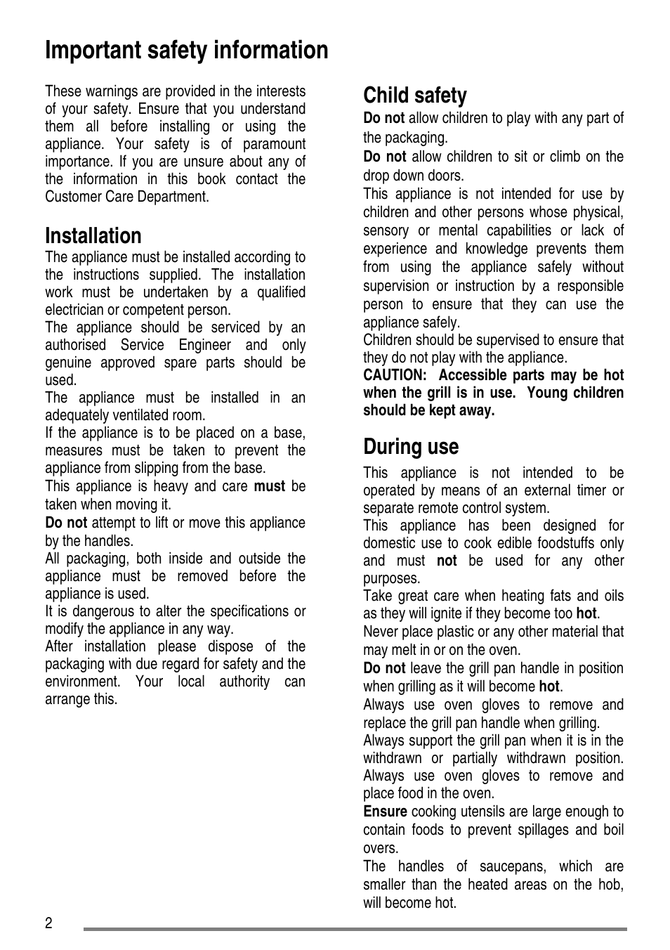 Important safety information, Installation, Child safety | During use | Tricity Bendix SE310 User Manual | Page 2 / 28
