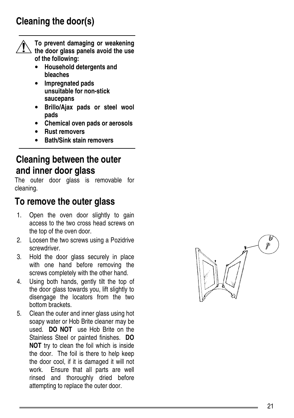 Cleaning the door(s), Cleaning between the outer and inner door glass | Tricity Bendix SE310 User Manual | Page 21 / 28