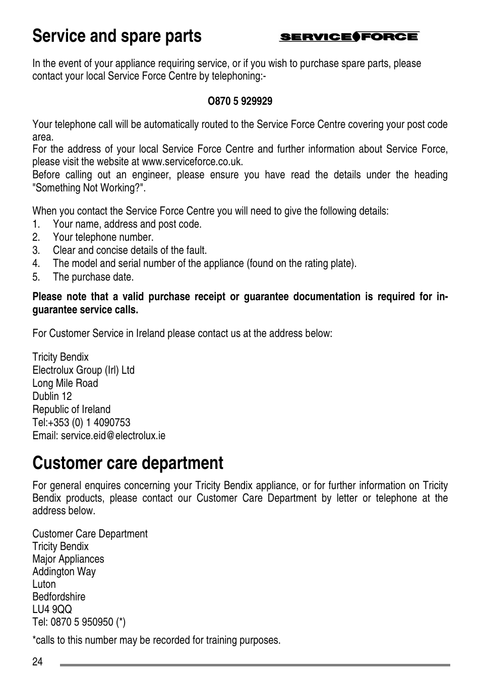 Service and spare parts, Customer care department | Tricity Bendix SE310 User Manual | Page 24 / 28
