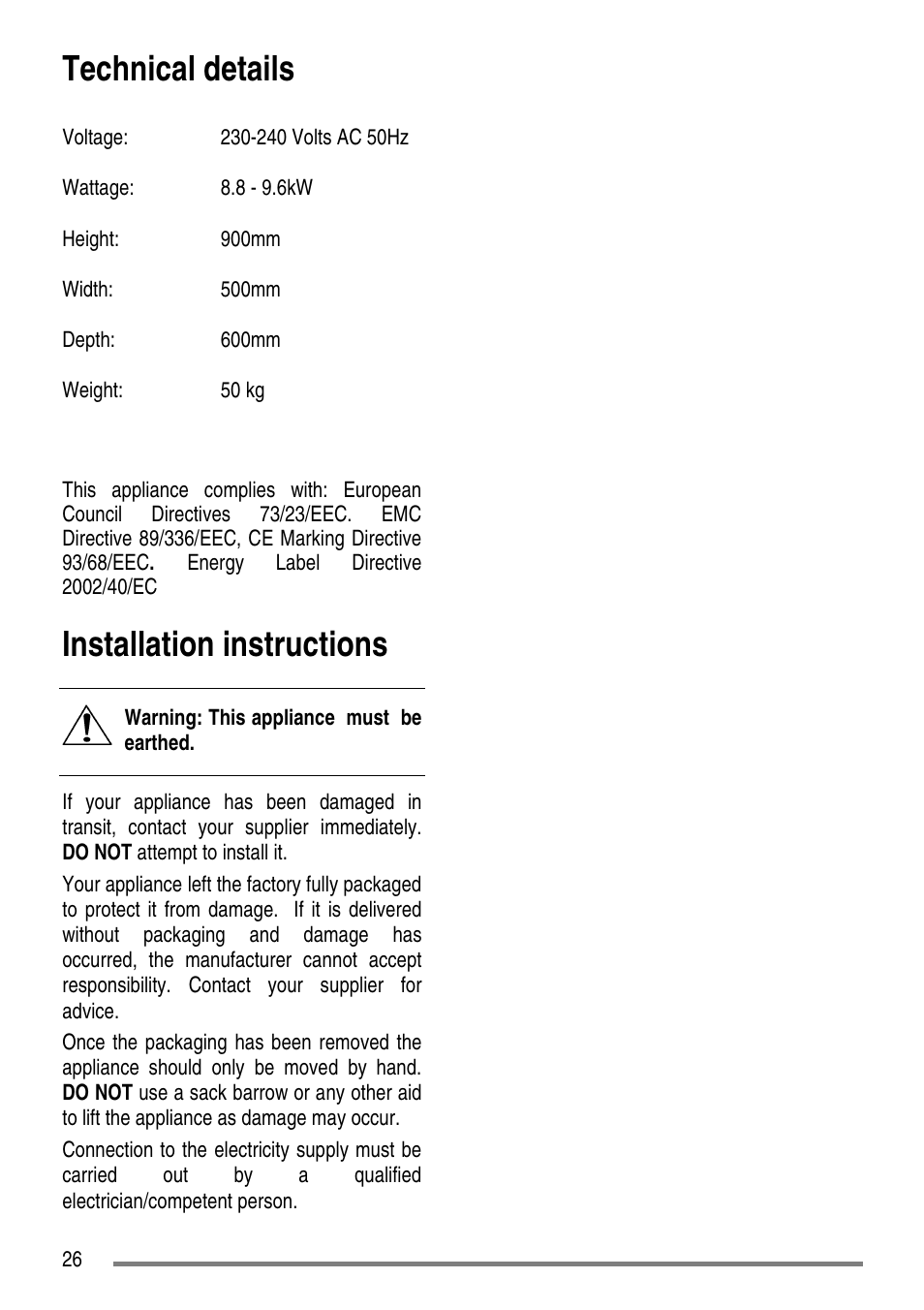 Technical details, Installation instructions | Tricity Bendix SE310 User Manual | Page 26 / 28
