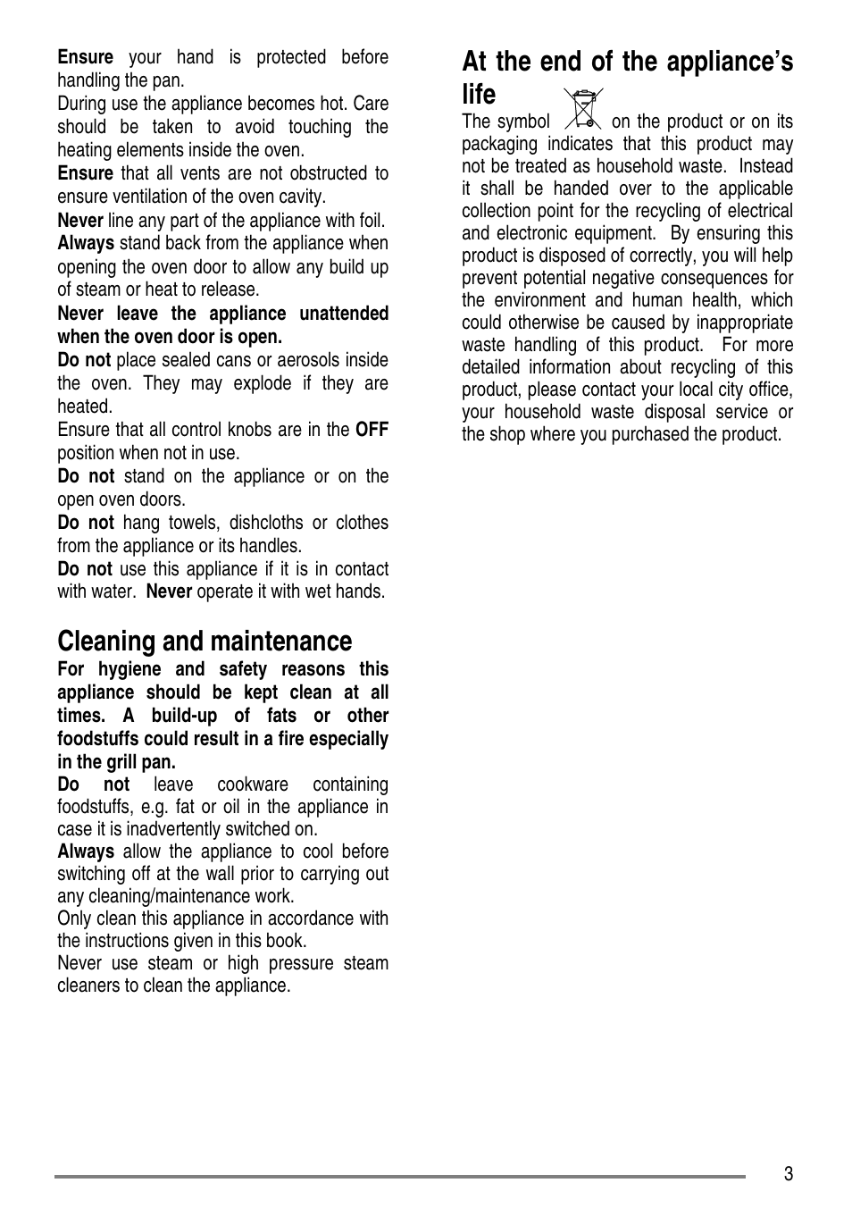 Cleaning and maintenance, At the end of the appliance’s life | Tricity Bendix SE310 User Manual | Page 3 / 28