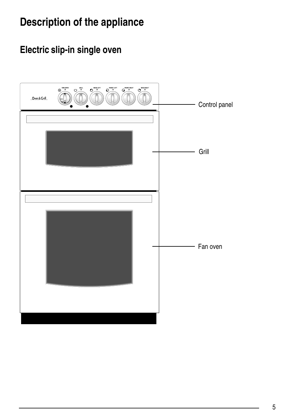 Description of the appliance, Electric, Slip-in single oven | Tricity Bendix SE310 User Manual | Page 5 / 28