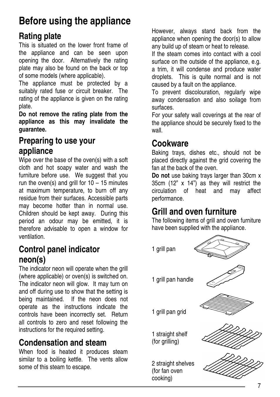 Before using the appliance, Cookware, Grill and oven furniture | Rating plate, Preparing to use your appliance, Control panel indicator neon(s), Condensation and steam | Tricity Bendix SE310 User Manual | Page 7 / 28
