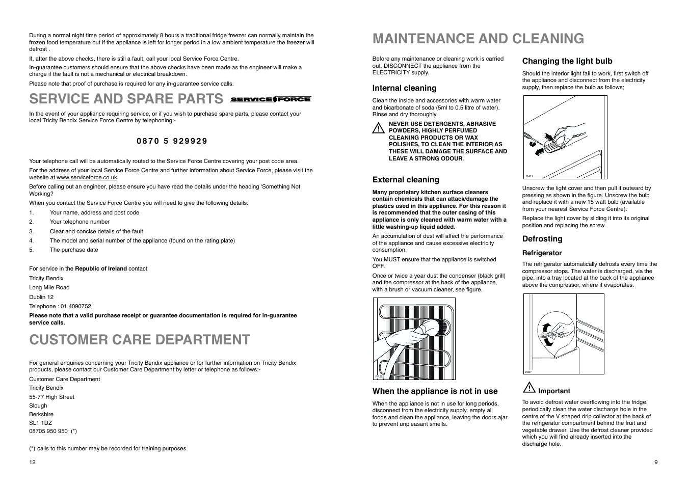 Maintenance and cleaning, Customer care department, Service and spare parts | Tricity Bendix FD 855 SI User Manual | Page 12 / 20