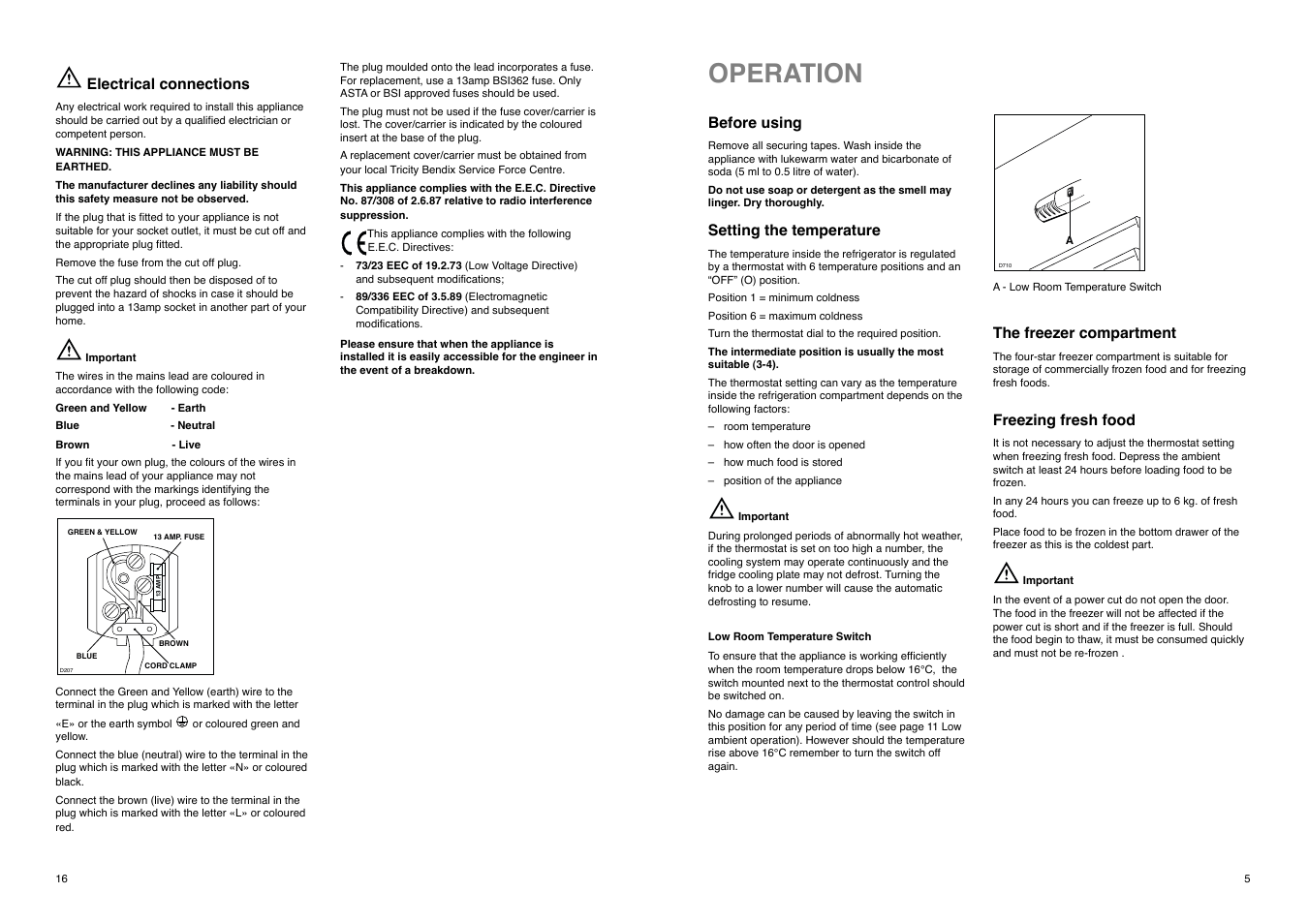 Operation | Tricity Bendix FD 855 SI User Manual | Page 16 / 20