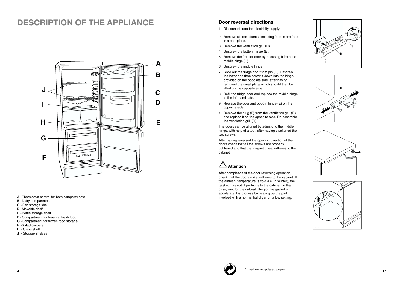 Description of the appliance, Fg h i j, Ab c d e | Tricity Bendix FD 855 SI User Manual | Page 17 / 20