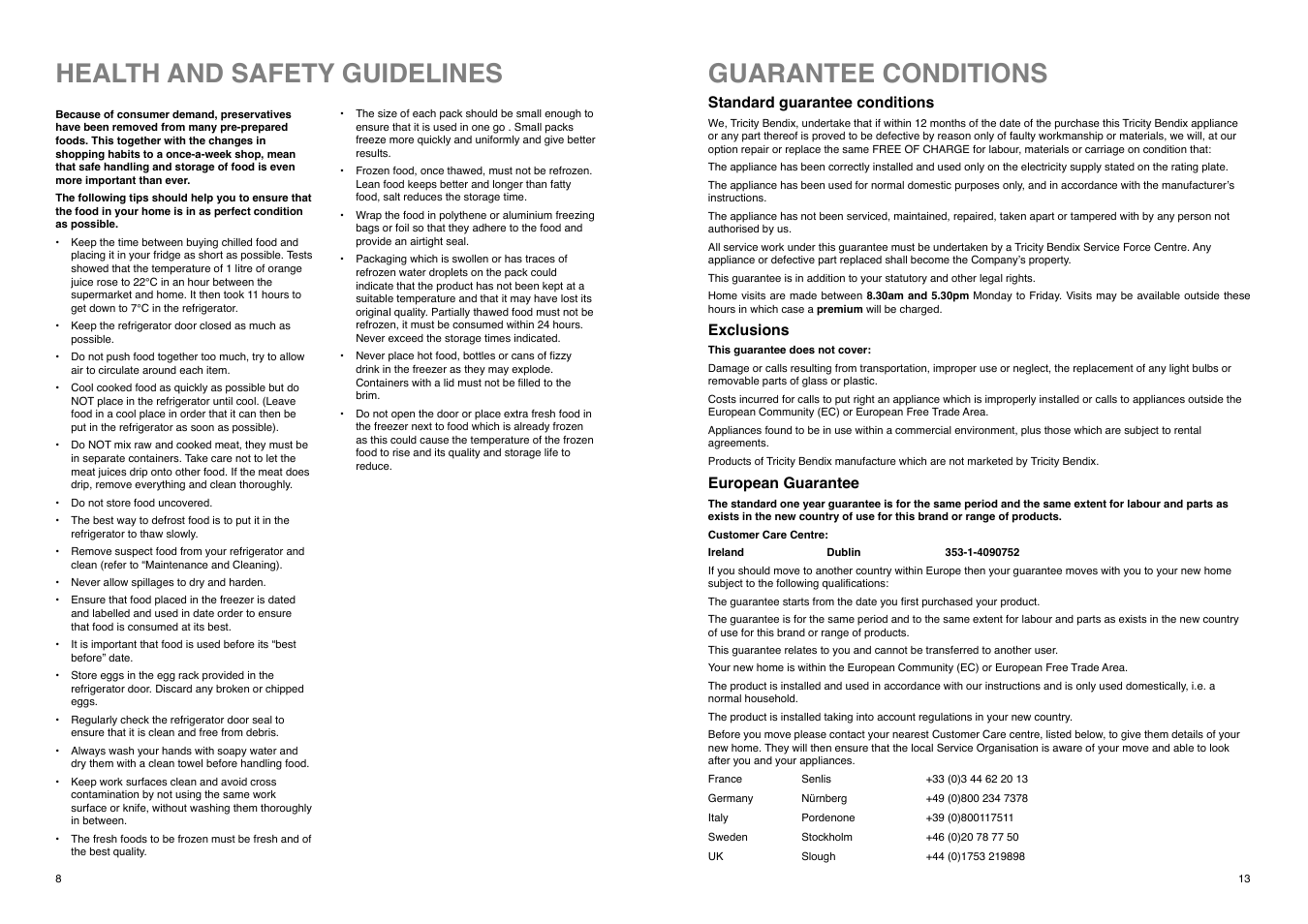 Health and safety guidelines, Guarantee conditions | Tricity Bendix FD 855 SI User Manual | Page 8 / 20