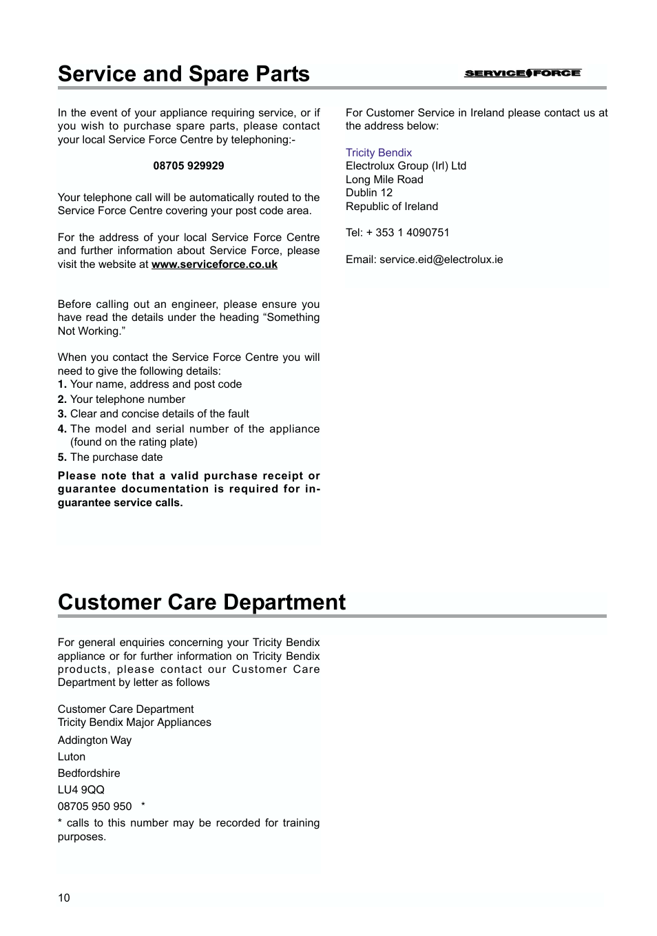 Service and spare parts, Customer care department | Tricity Bendix TBUR 120 User Manual | Page 10 / 20
