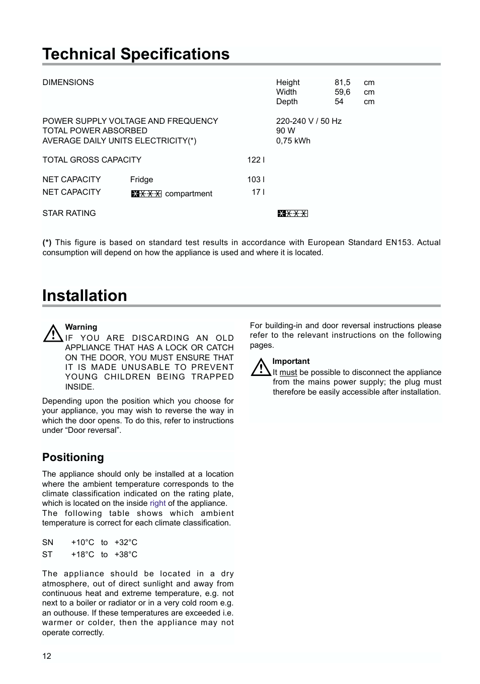 Technical specifications, Installation, Positioning | Tricity Bendix TBUR 120 User Manual | Page 12 / 20