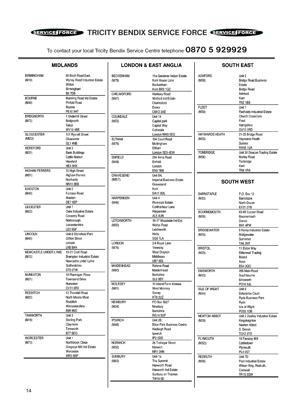 Tricity bendix service force | Tricity Bendix TB 110 FF User Manual | Page 14 / 20
