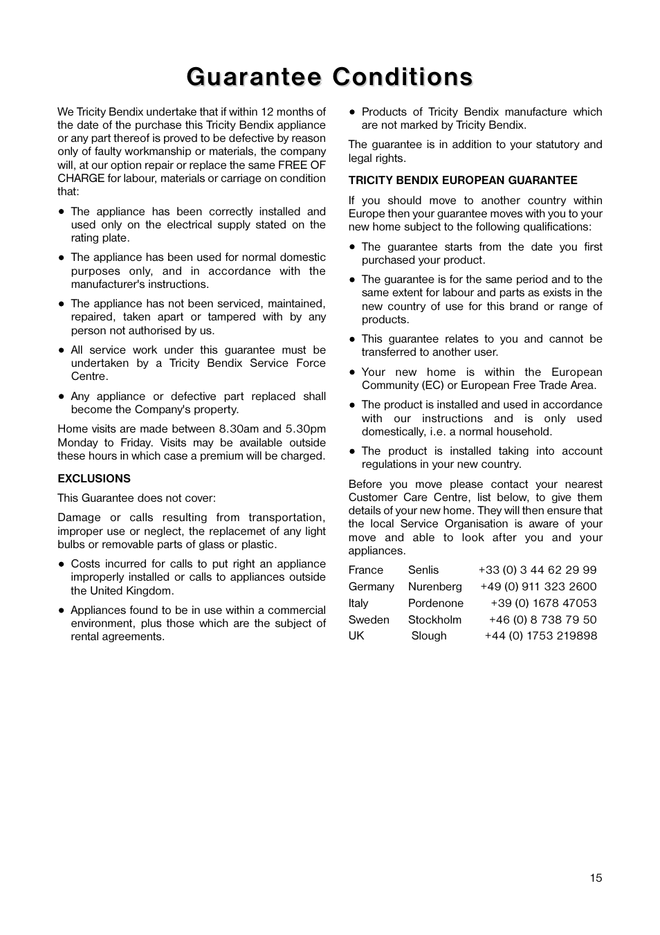 Guar, Guar ant ant ee conditions ee conditions | Tricity Bendix TB 110 FF User Manual | Page 15 / 20