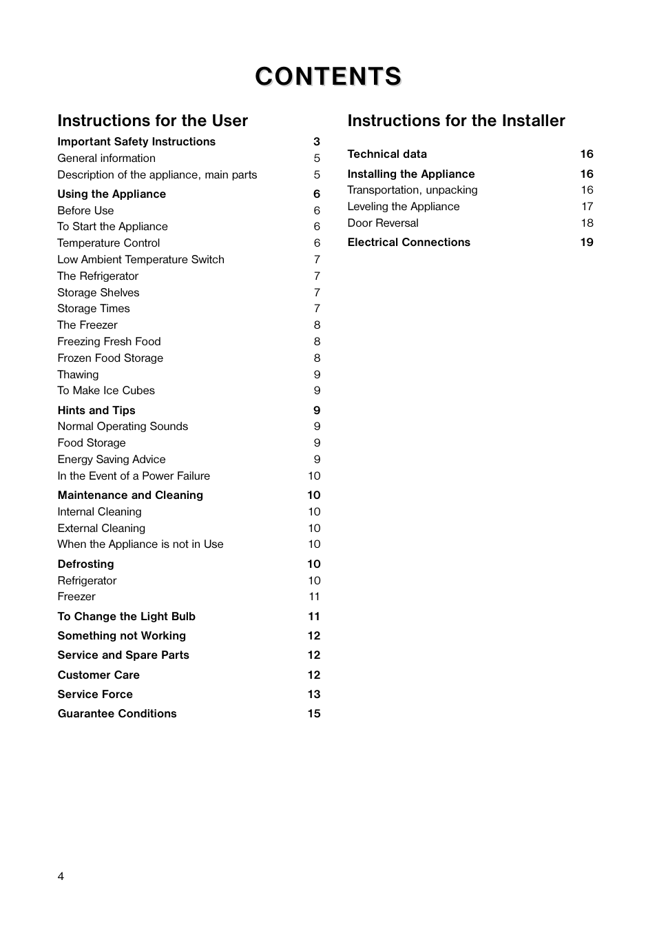 Content, Content s s, Instructions for the user | Instructions for the installer | Tricity Bendix TB 110 FF User Manual | Page 4 / 20