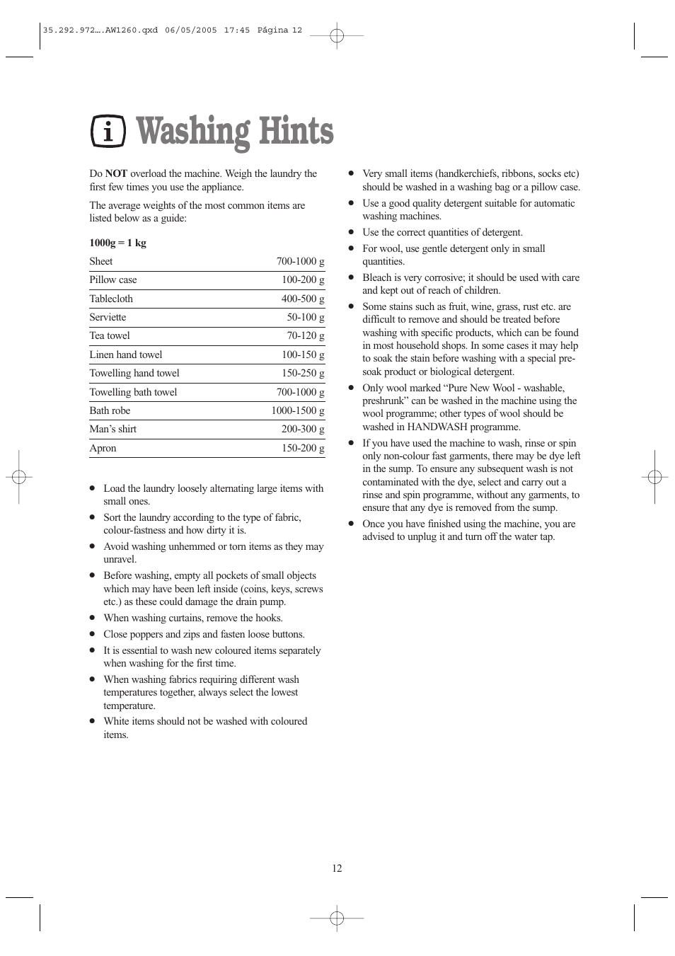 Washing hints | Tricity Bendix AW 1260 W User Manual | Page 12 / 28