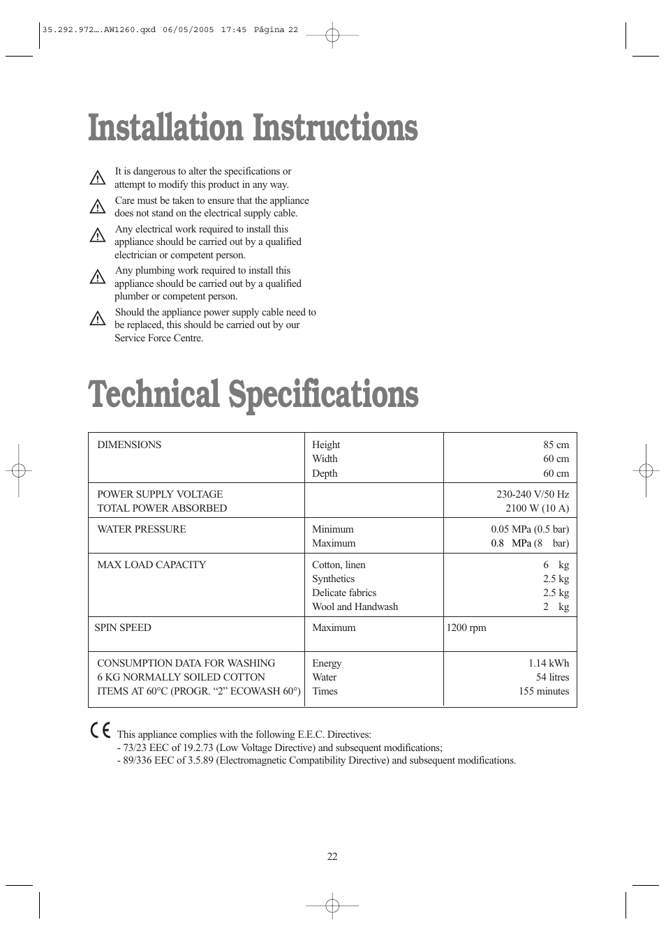 Installation instructions technical specifications | Tricity Bendix AW 1260 W User Manual | Page 22 / 28