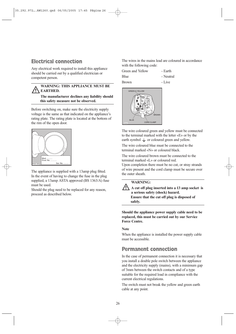 Electrical connection, Permanent connection | Tricity Bendix AW 1260 W User Manual | Page 26 / 28