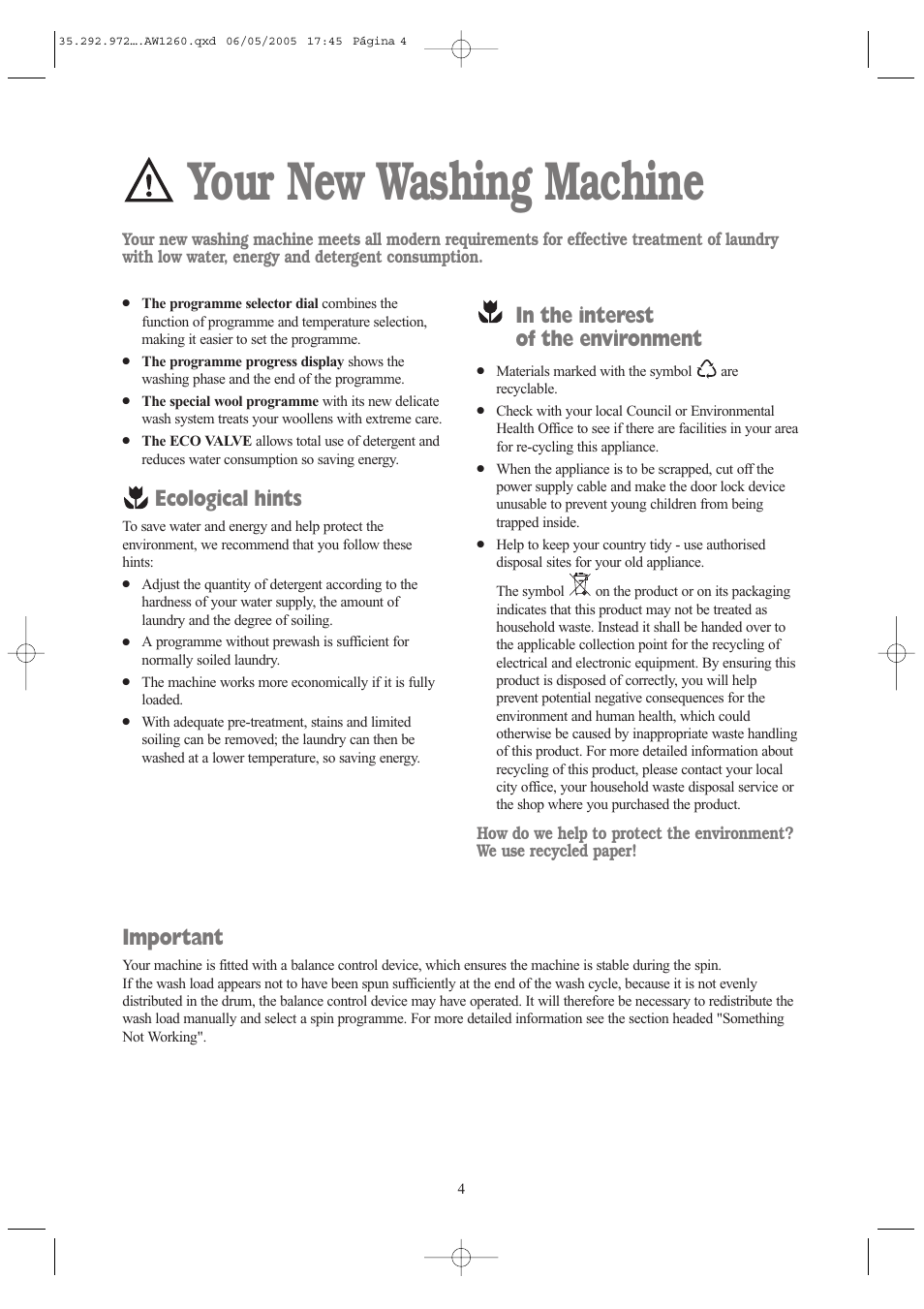 Your new washing machine, Ecological hints, Important | Tricity Bendix AW 1260 W User Manual | Page 4 / 28