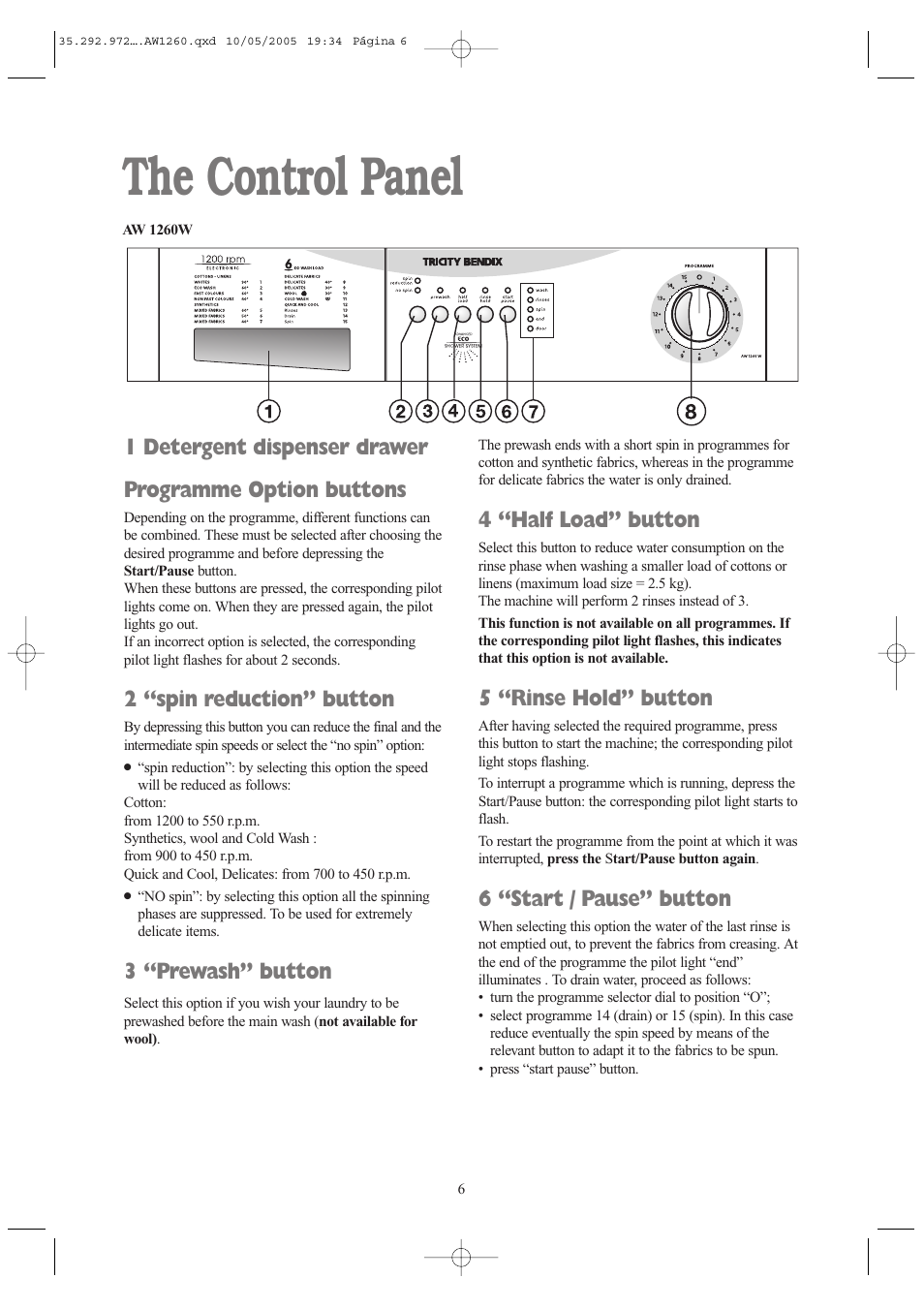 The control panel, 2 “spin reduction” button, 3 “prewash” button | 4 “half load” button, 5 “rinse hold” button, 6 “start / pause” button | Tricity Bendix AW 1260 W User Manual | Page 6 / 28