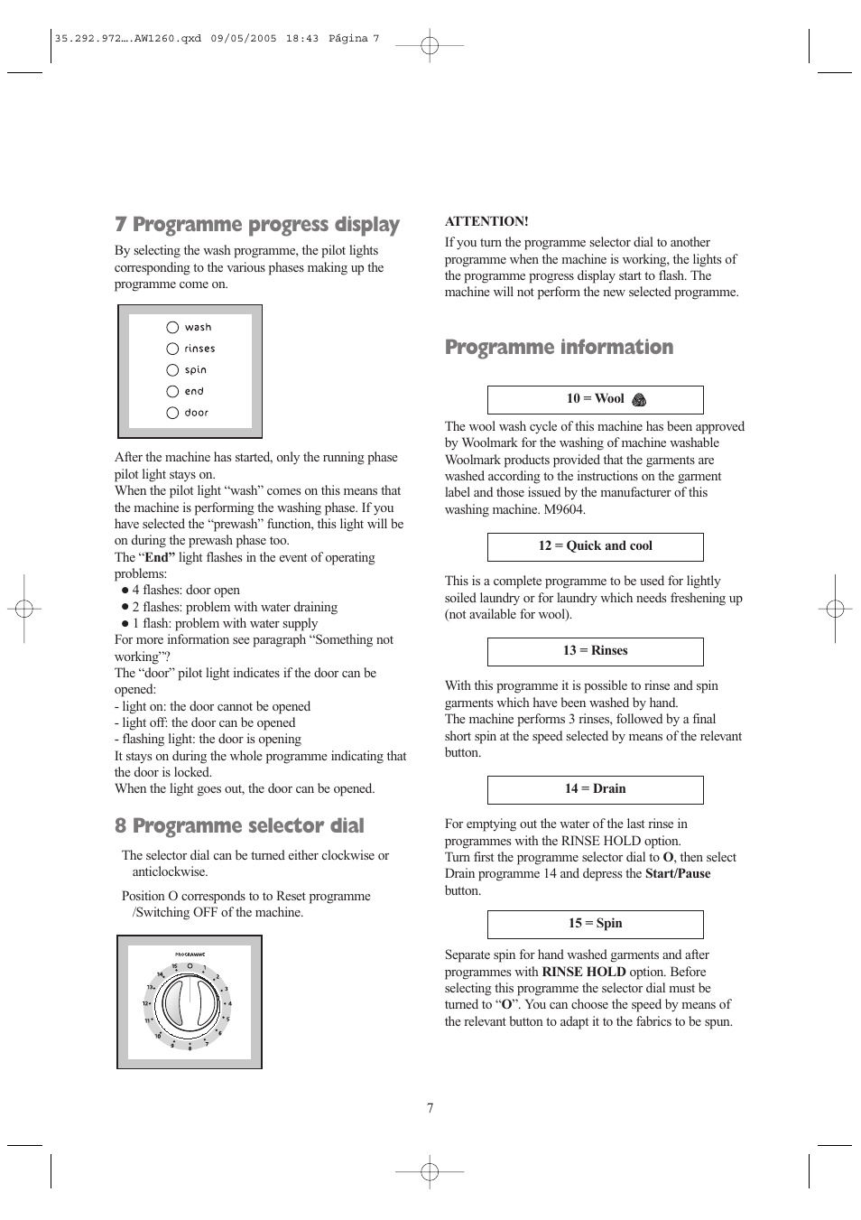 7 programme progress display, 8 programme selector dial, Programme information | Tricity Bendix AW 1260 W User Manual | Page 7 / 28