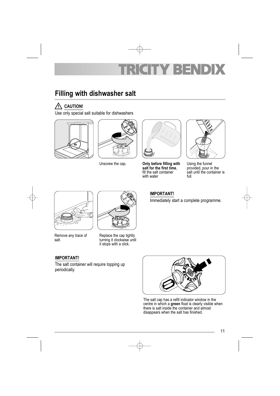 Filling with dishwasher salt | Tricity Bendix TBDW 32 User Manual | Page 11 / 32