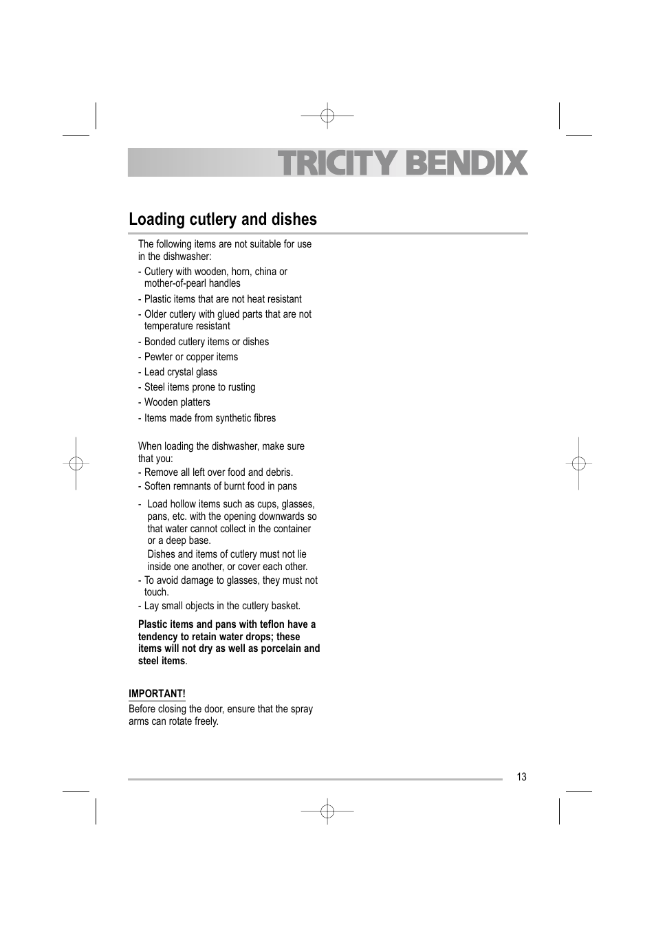 Loading cutlery and dishes | Tricity Bendix TBDW 32 User Manual | Page 13 / 32