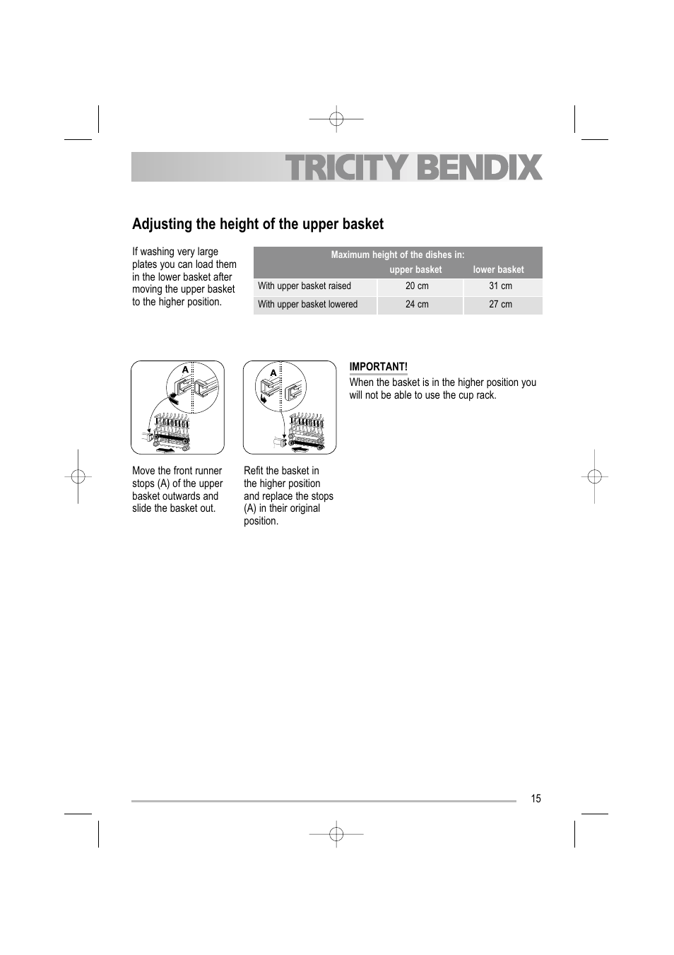 Adjusting the height of the upper basket | Tricity Bendix TBDW 32 User Manual | Page 15 / 32