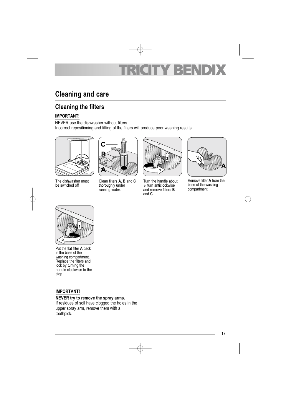 Cleaning and care, Cleaning the filters | Tricity Bendix TBDW 32 User Manual | Page 17 / 32
