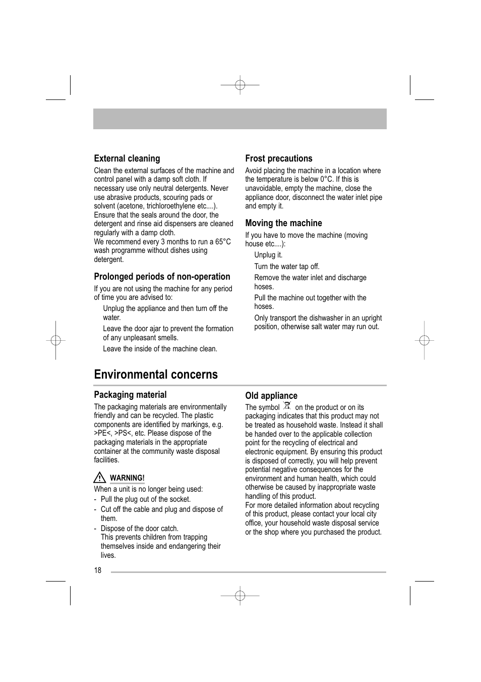 Environmental concerns | Tricity Bendix TBDW 32 User Manual | Page 18 / 32