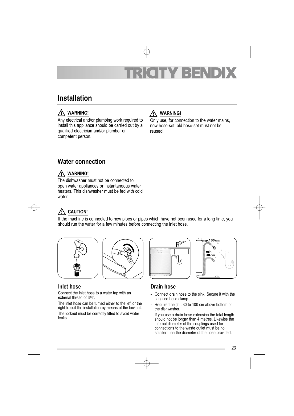 Installation, Water connection | Tricity Bendix TBDW 32 User Manual | Page 23 / 32