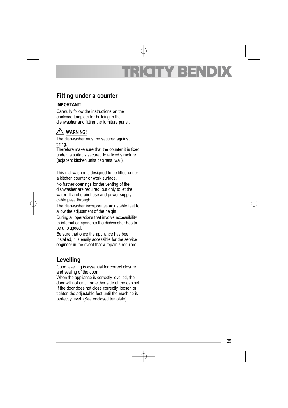 Fitting under a counter, Levelling | Tricity Bendix TBDW 32 User Manual | Page 25 / 32