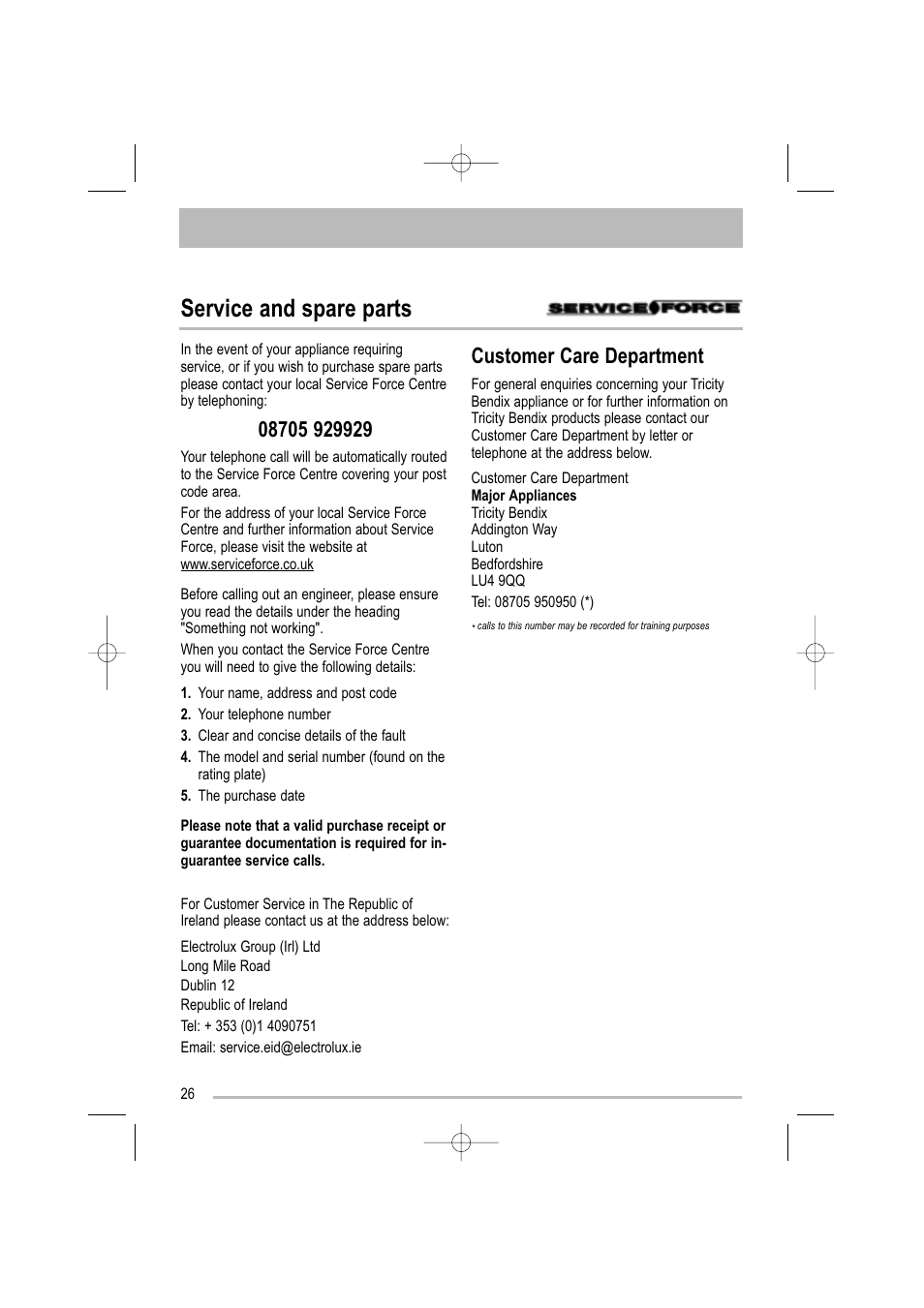 Service and spare parts, Customer care department | Tricity Bendix TBDW 32 User Manual | Page 26 / 32