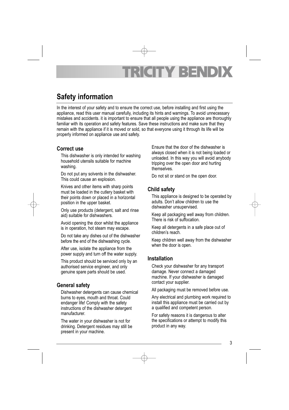 Safety information, Correct use, General safety | Child safety, Installation | Tricity Bendix TBDW 32 User Manual | Page 3 / 32