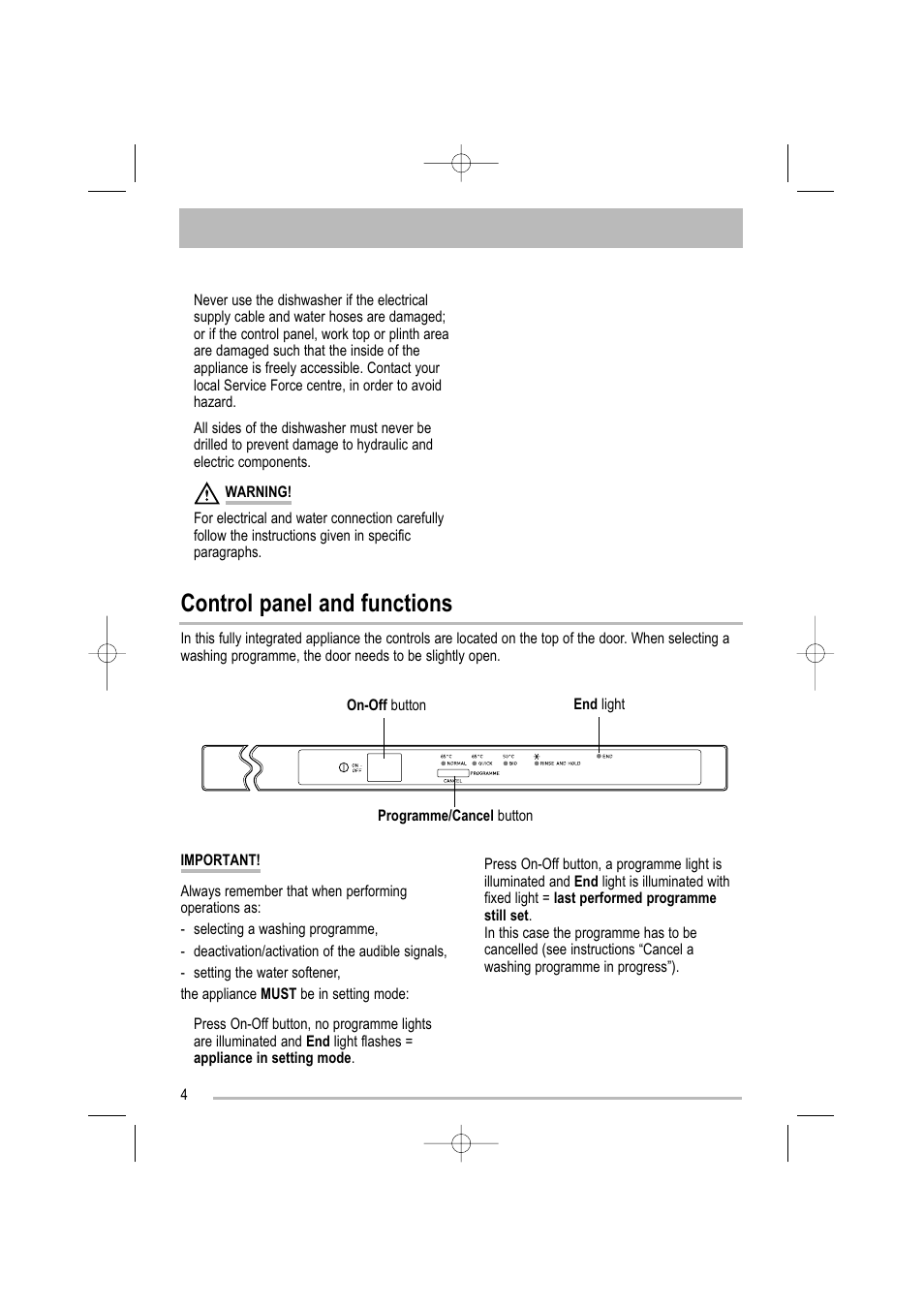 Control panel and functions | Tricity Bendix TBDW 32 User Manual | Page 4 / 32