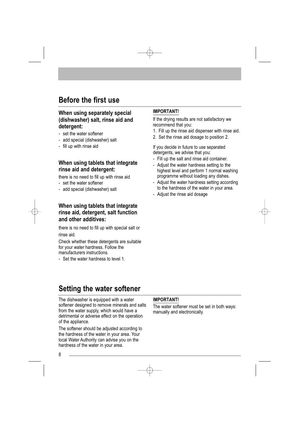 Before the first use, Setting the water softener | Tricity Bendix TBDW 32 User Manual | Page 8 / 32