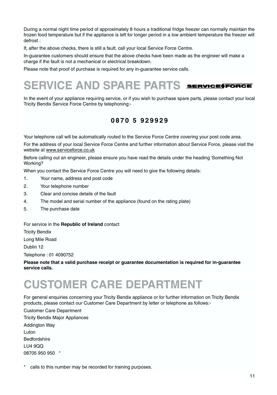 Customer care department service and spare parts | Tricity Bendix TBFF 55 User Manual | Page 11 / 20