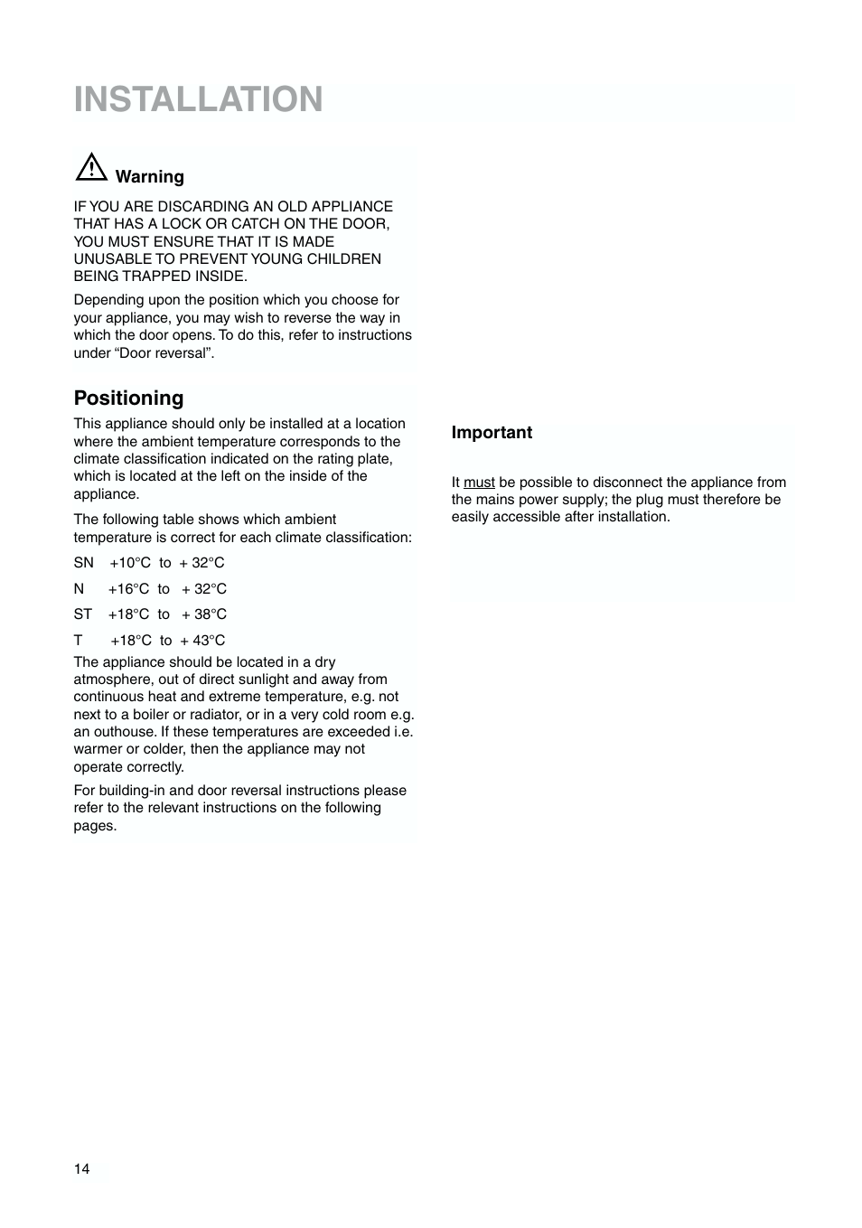 Installation, Positioning | Tricity Bendix TBFF 55 User Manual | Page 14 / 20