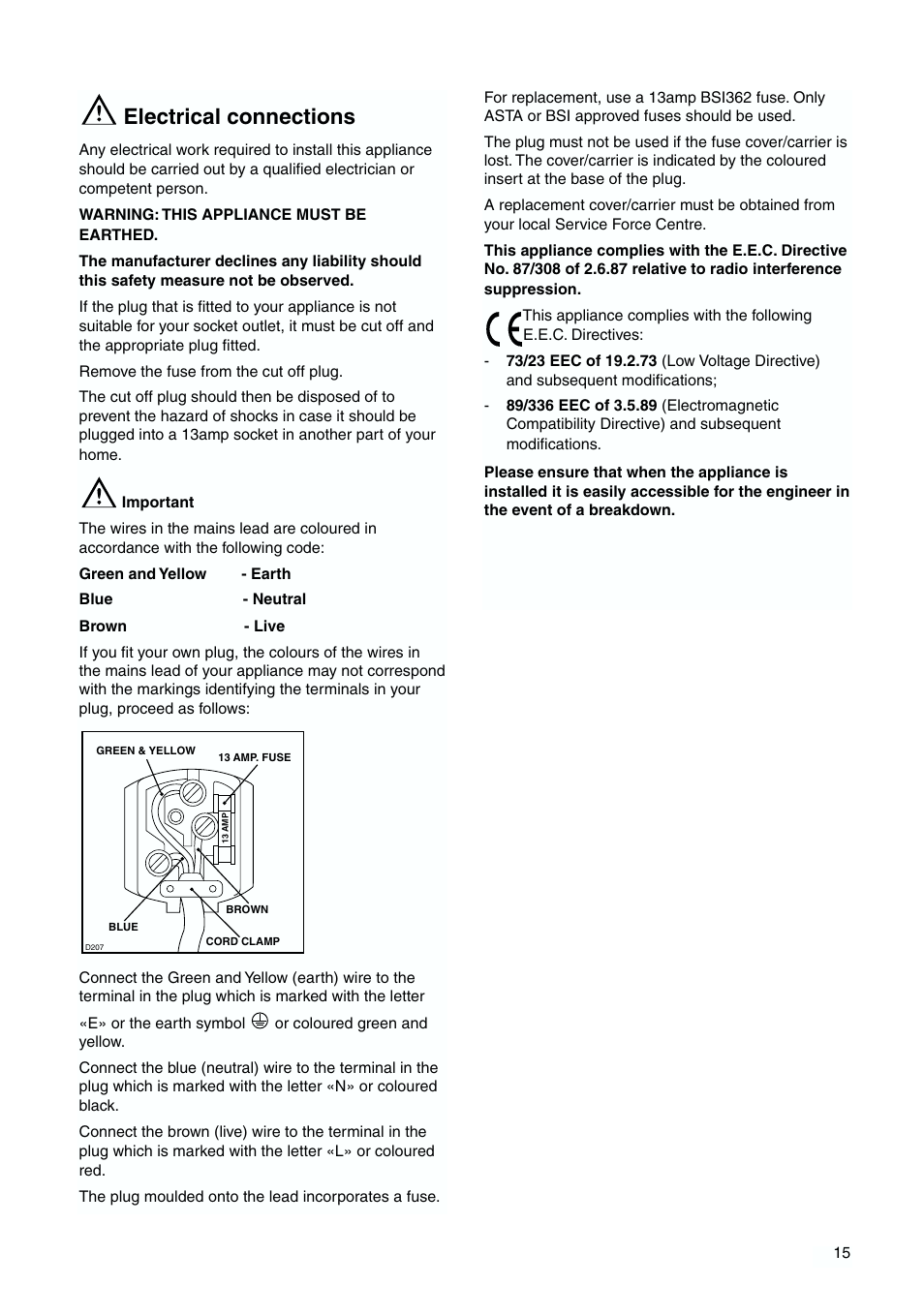 Electrical connections | Tricity Bendix TBFF 55 User Manual | Page 15 / 20