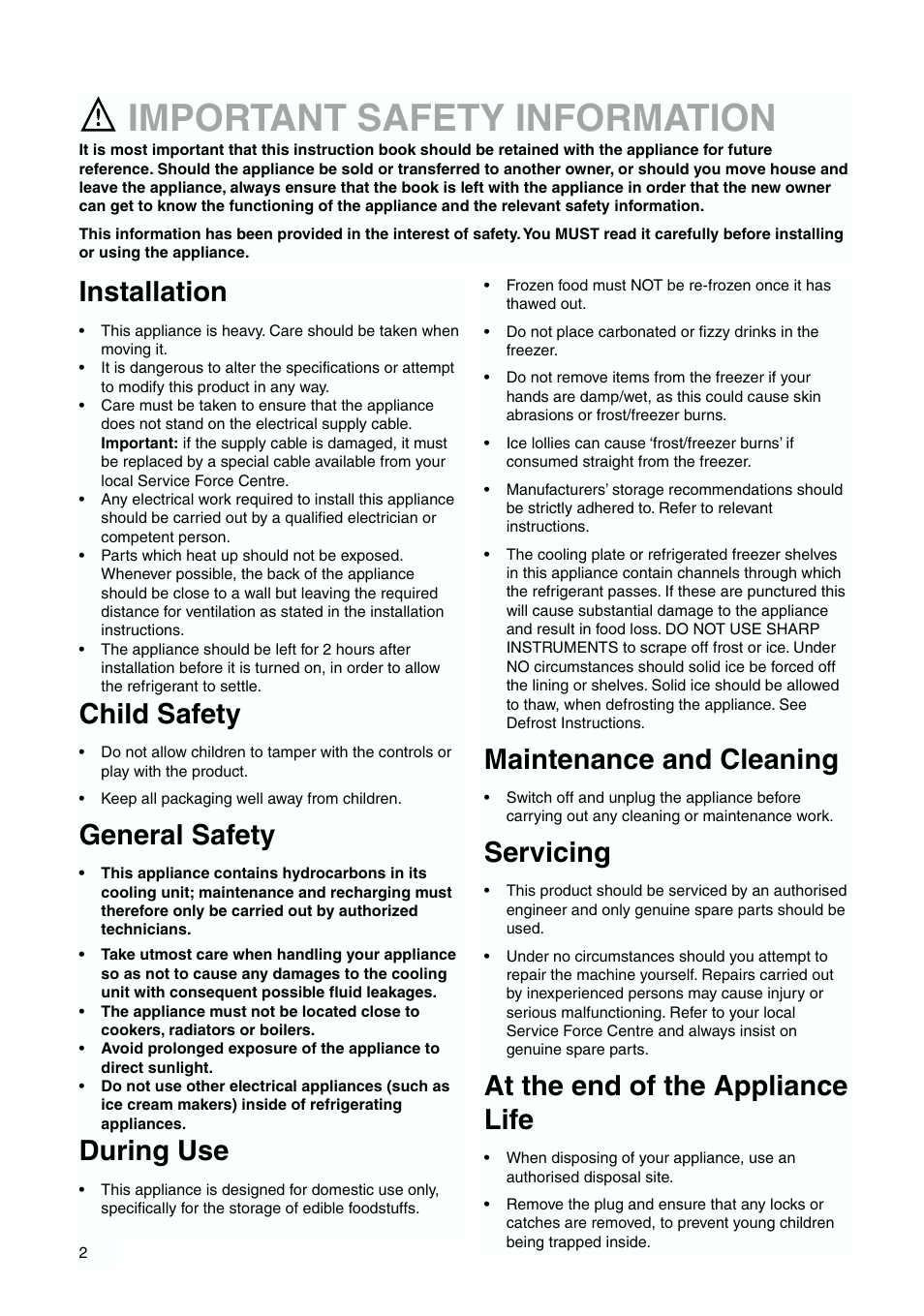 Important safety information, Installation, Child safety | General safety, During use, Maintenance and cleaning, Servicing, At the end of the appliance life | Tricity Bendix TBFF 55 User Manual | Page 2 / 20