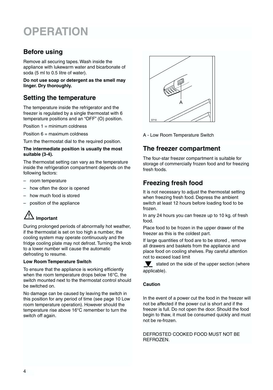 Operation, Before using, Setting the temperature | The freezer compartment, Freezing fresh food | Tricity Bendix TBFF 55 User Manual | Page 4 / 20