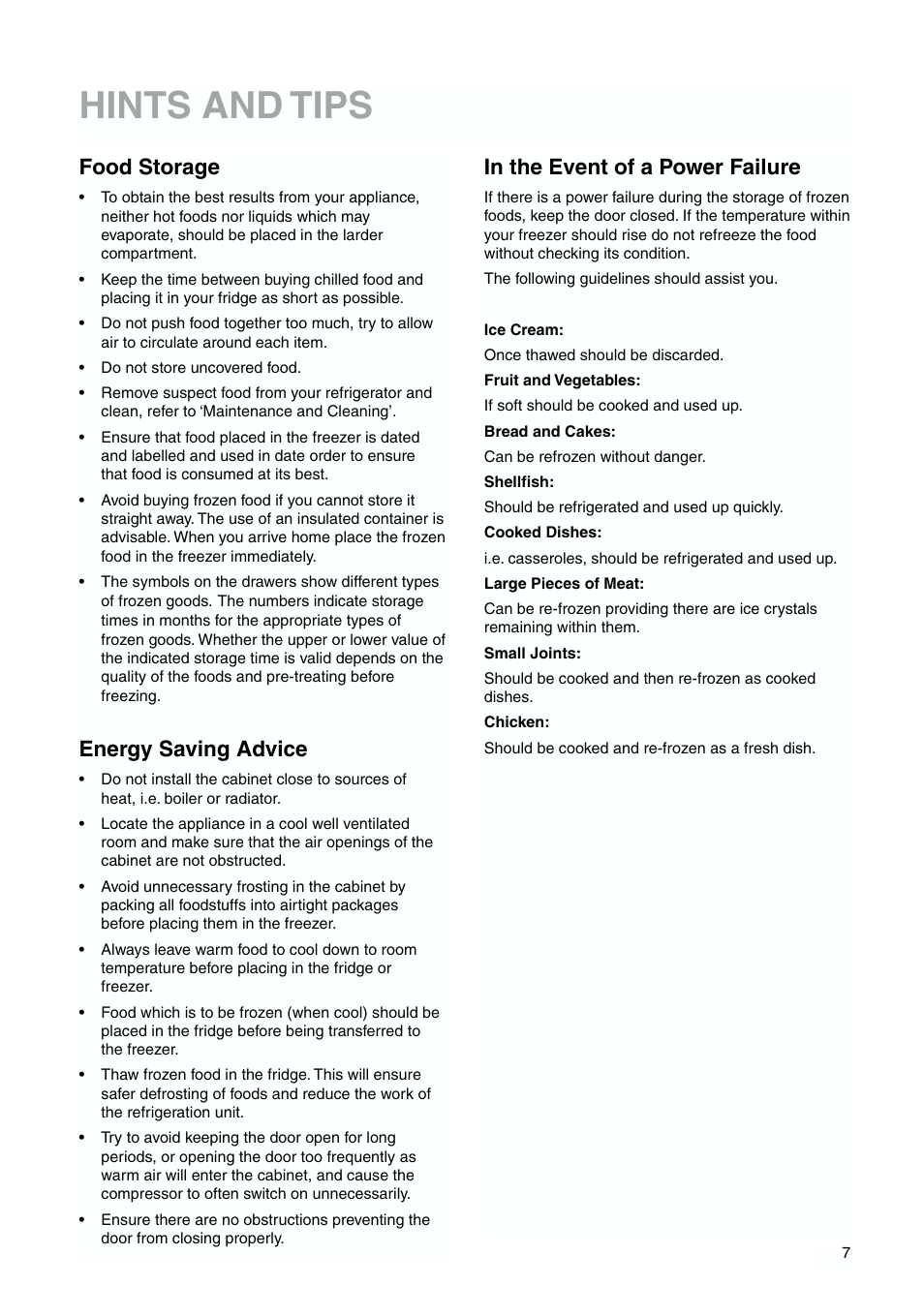 Hints and tips, Food storage, Energy saving advice | Tricity Bendix TBFF 55 User Manual | Page 7 / 20