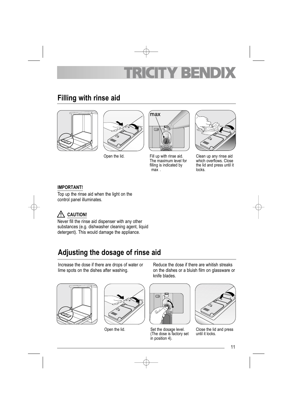 Filling with rinse aid, Adjusting the dosage of rinse aid | Tricity Bendix TDF 221 User Manual | Page 11 / 28