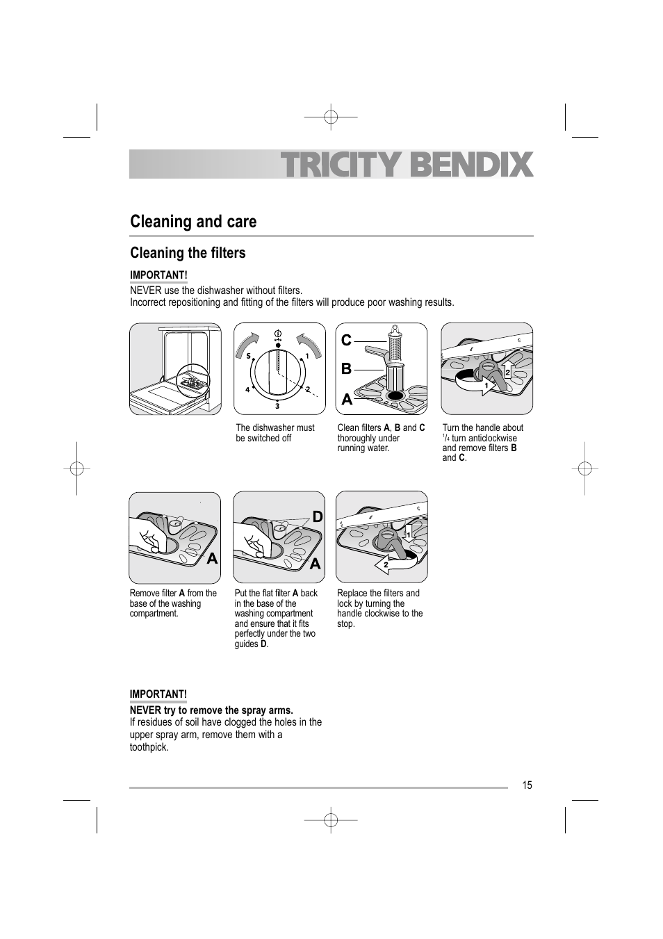 Cleaning and care, Cleaning the filters | Tricity Bendix TDF 221 User Manual | Page 15 / 28