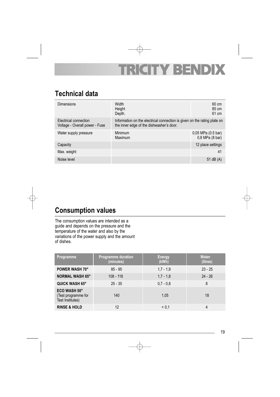 Technical data consumption values | Tricity Bendix TDF 221 User Manual | Page 19 / 28