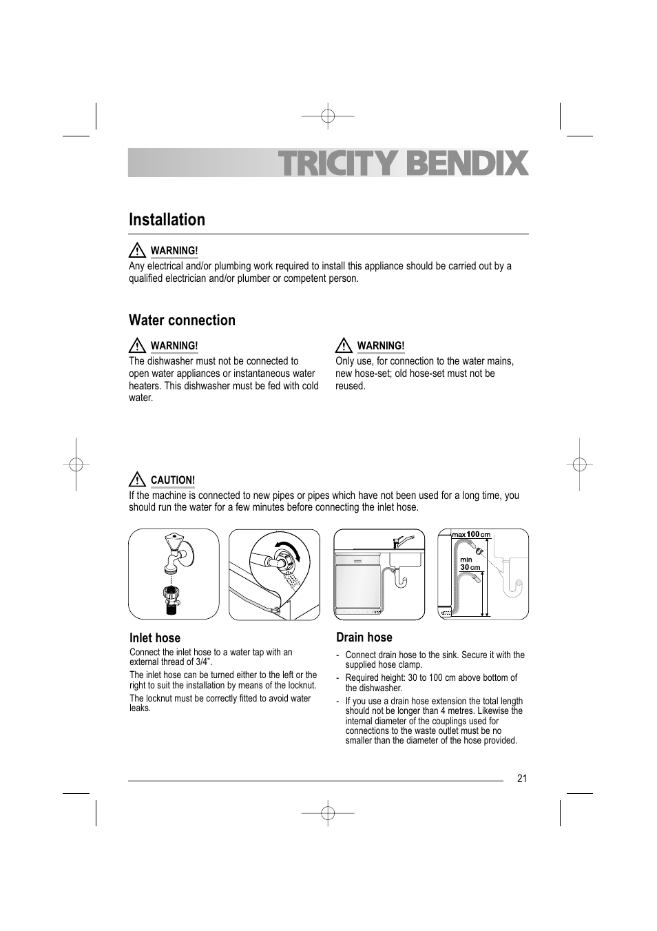 Installation, Water connection | Tricity Bendix TDF 221 User Manual | Page 21 / 28